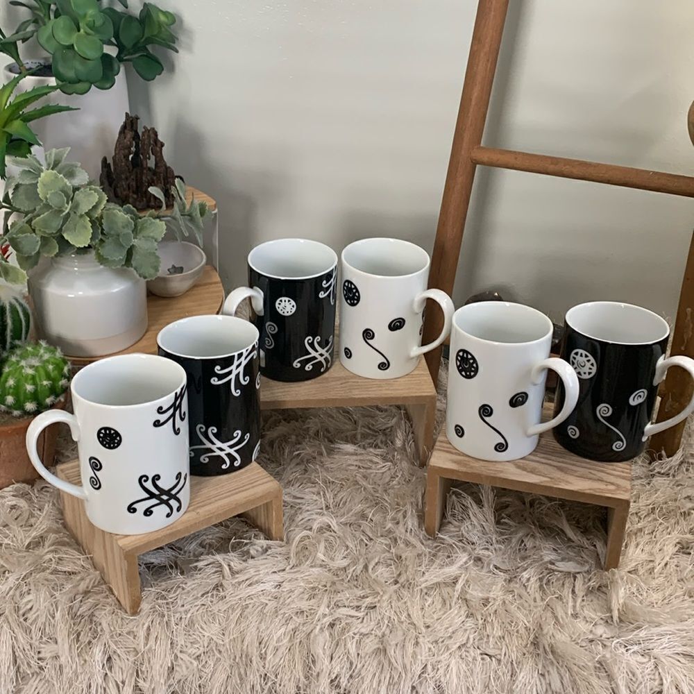 Vintage Pottery Barn Fez Pattern Black and‎ White Swirl Coffee Cups Set Of 6